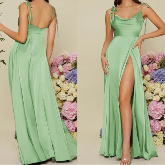 Luxurious tie shoulder wrap satin formal prom wedding evening party maxi dress - Picture 3 of 10